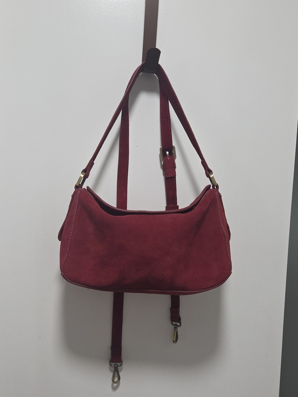 Suede Shoulder Bag in Deep Wine Red with Adjustable Strap